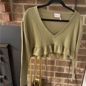 Olive Green Ruffled V-Neck Women Top